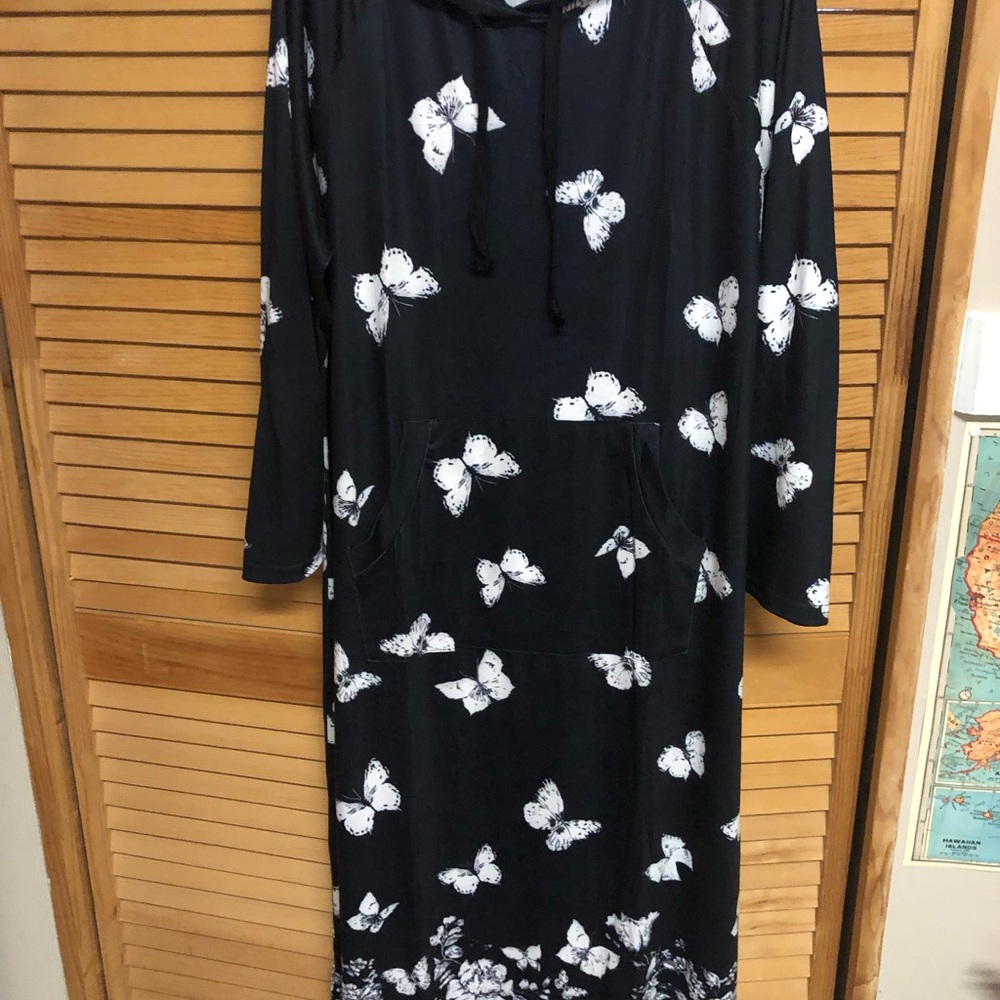 Women's Black Long Sleeve Hoodie Dress with White Butterfly Print